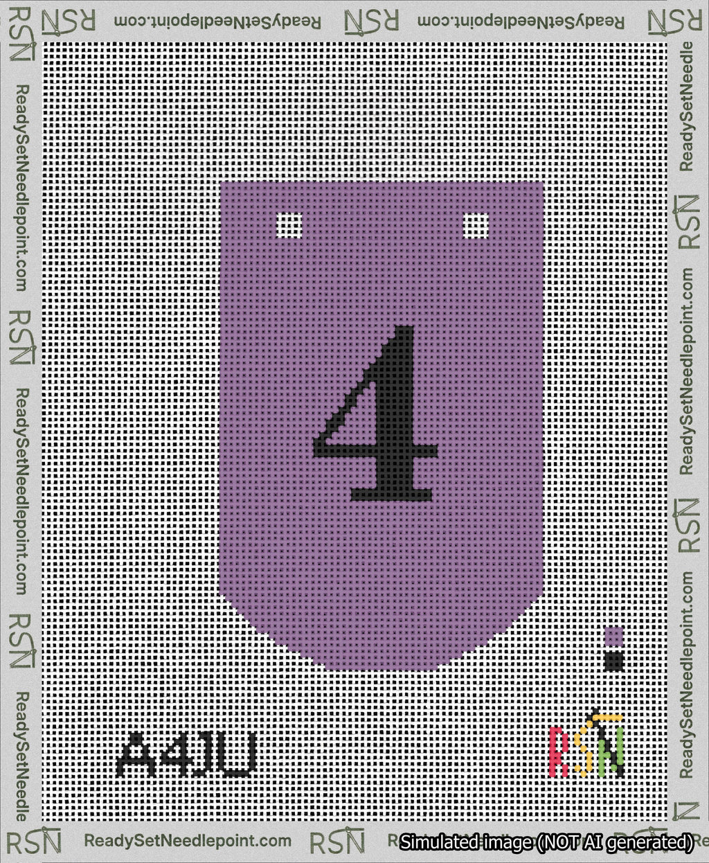 A taped needlepoint canvas with the design: Banner 13 mesh count Curved 4 Black on Purple.