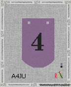 A taped needlepoint canvas with the design: Banner 13 mesh count Curved 4 Black on Purple.