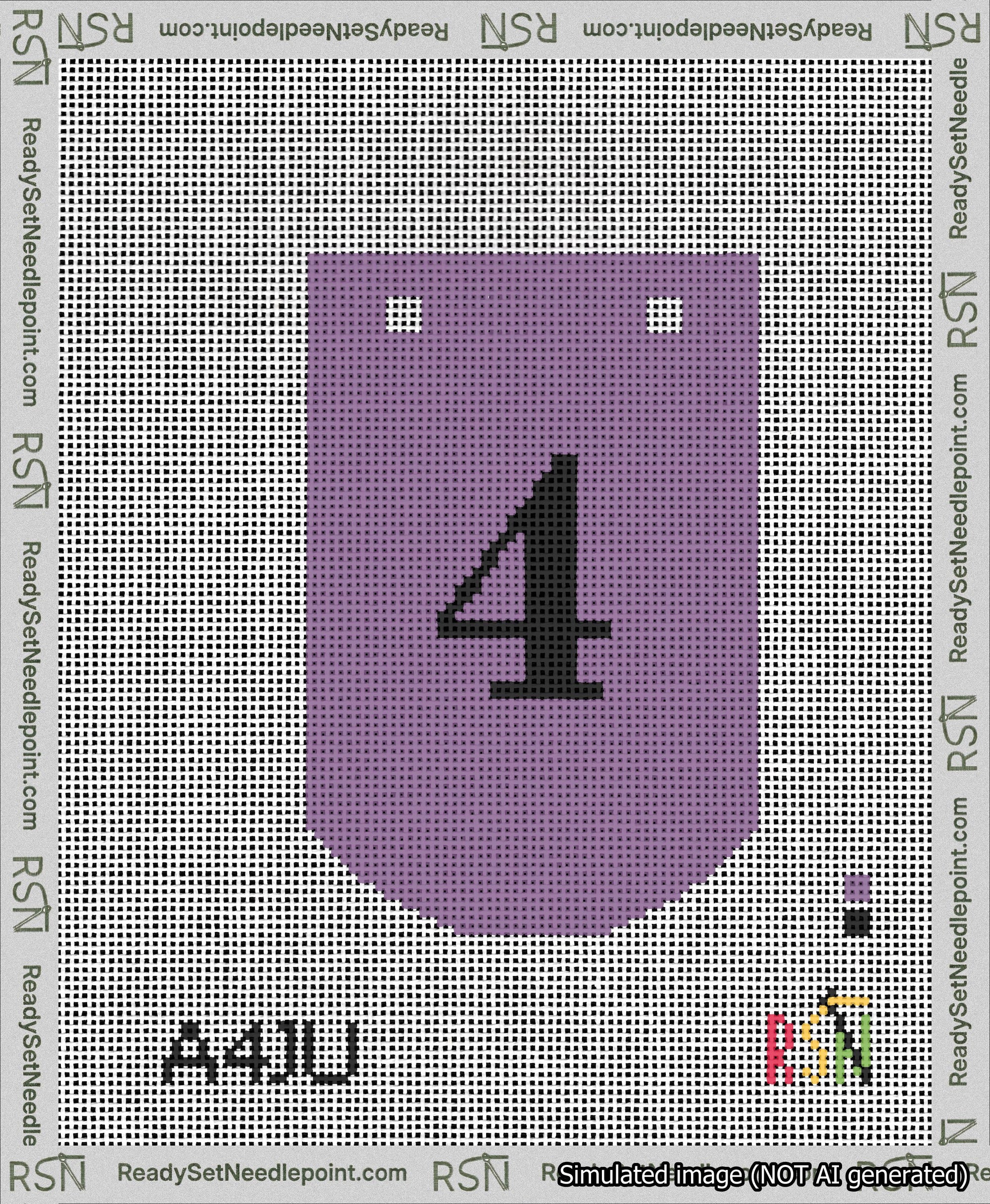 A taped needlepoint canvas with the design: Banner 13 mesh count Curved 4 Black on Purple.