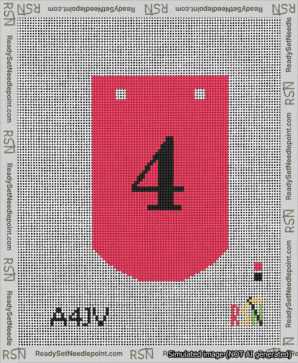 A taped needlepoint canvas with the design: Banner 13 mesh count Curved 4 Black on Red.