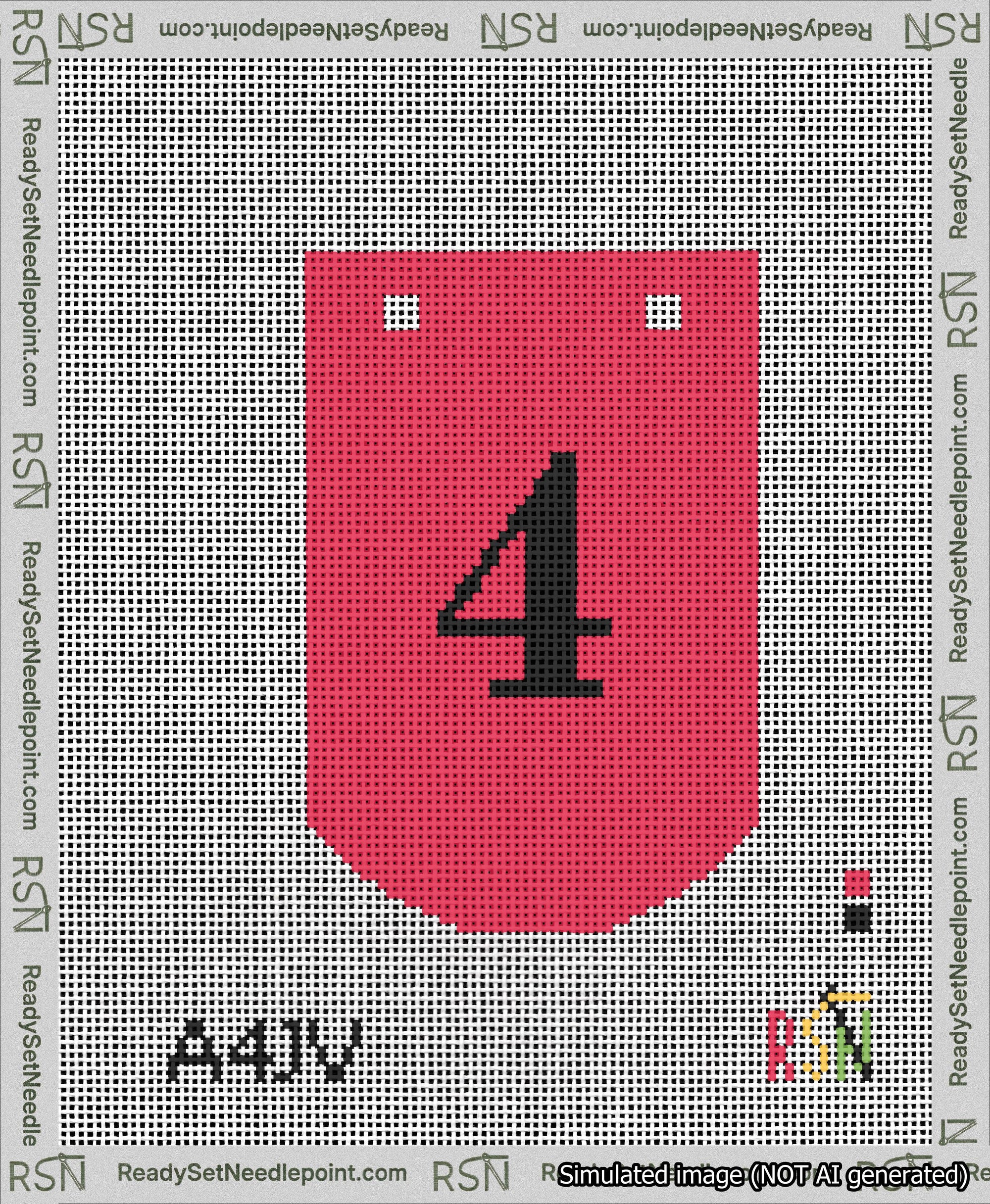 A taped needlepoint canvas with the design: Banner 13 mesh count Curved 4 Black on Red.