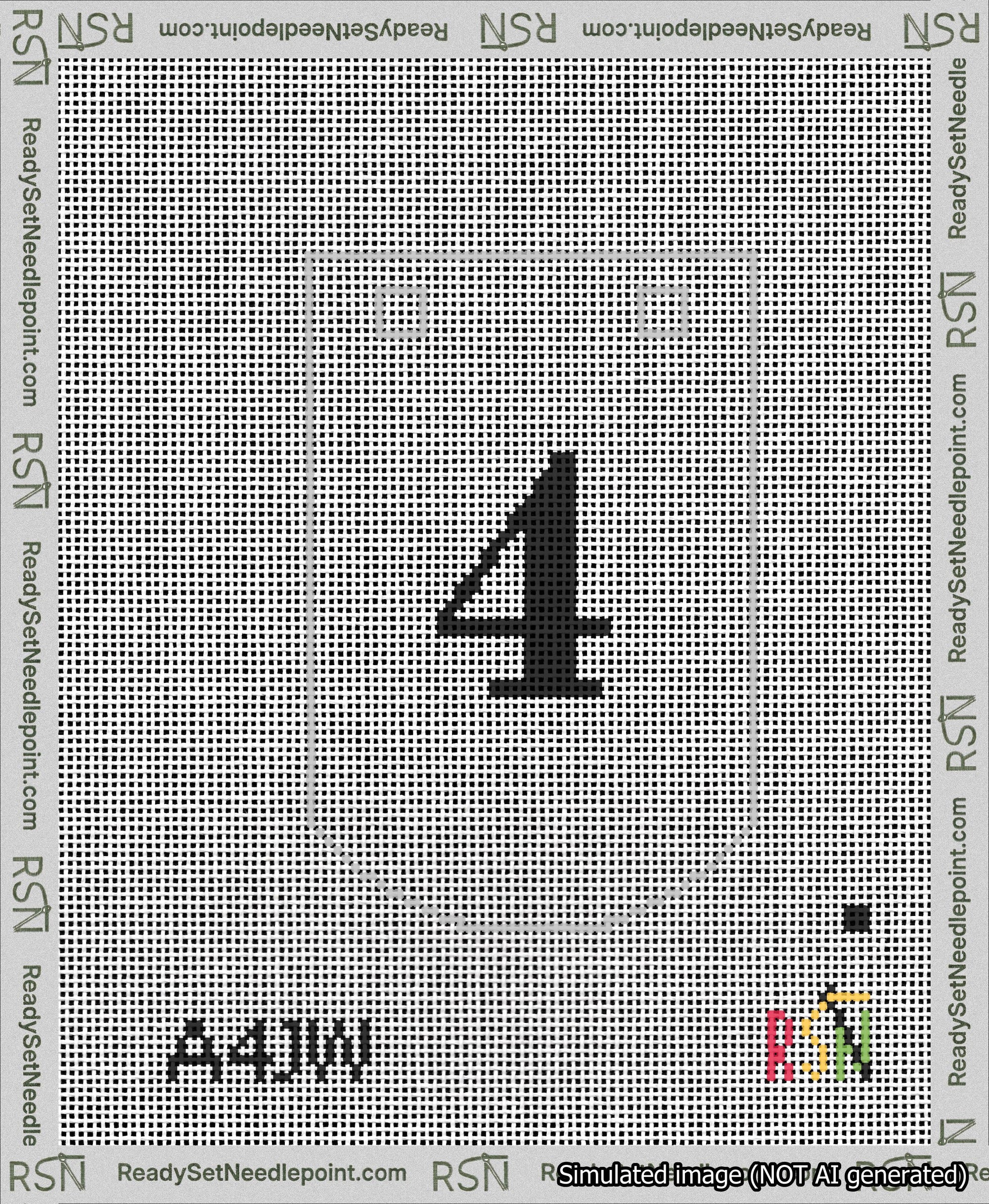 A taped needlepoint canvas with the design: Banner 13 mesh count Curved 4 Black on White.