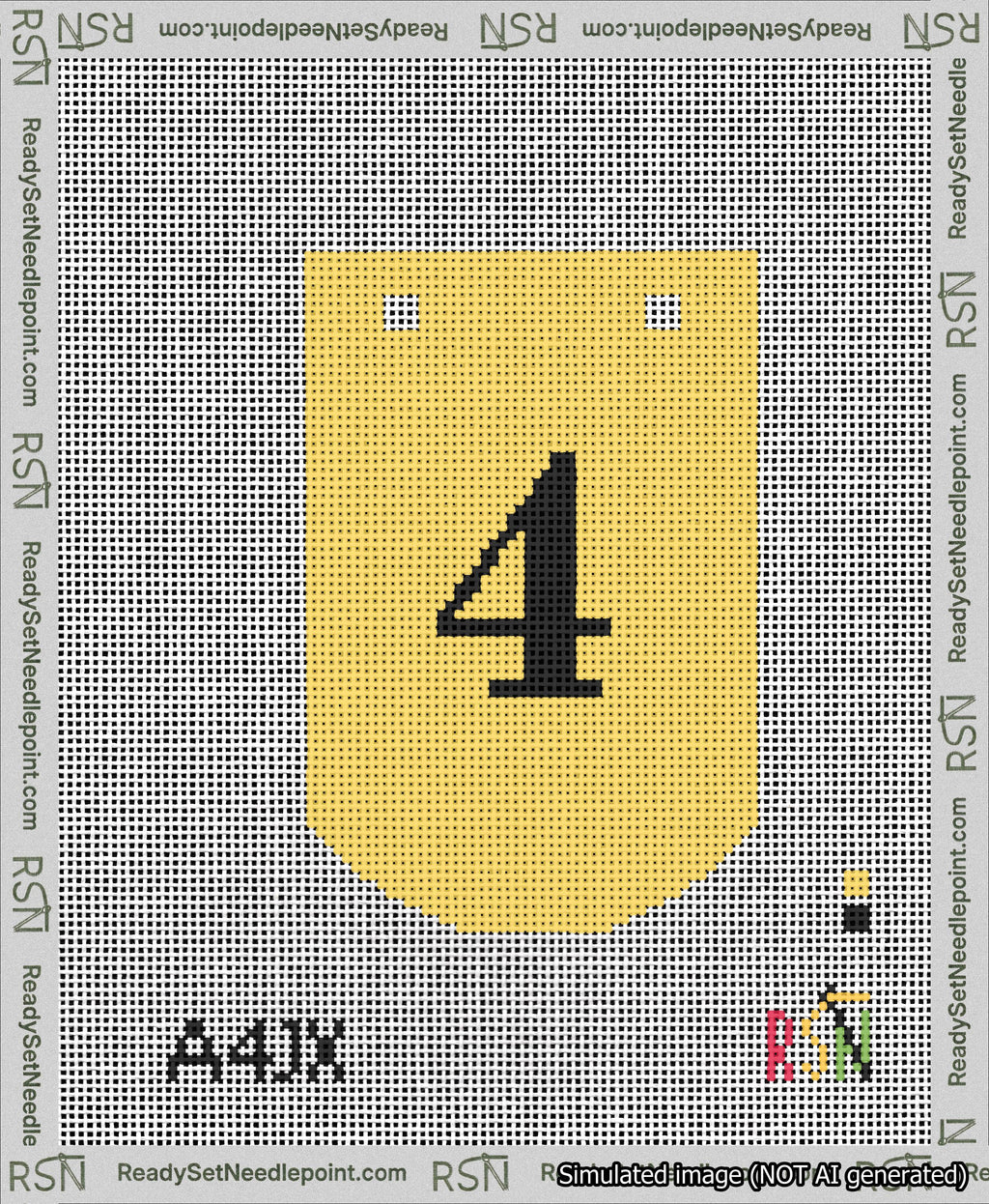 A taped needlepoint canvas with the design: Banner 13 mesh count Curved 4 Black on Yellow.