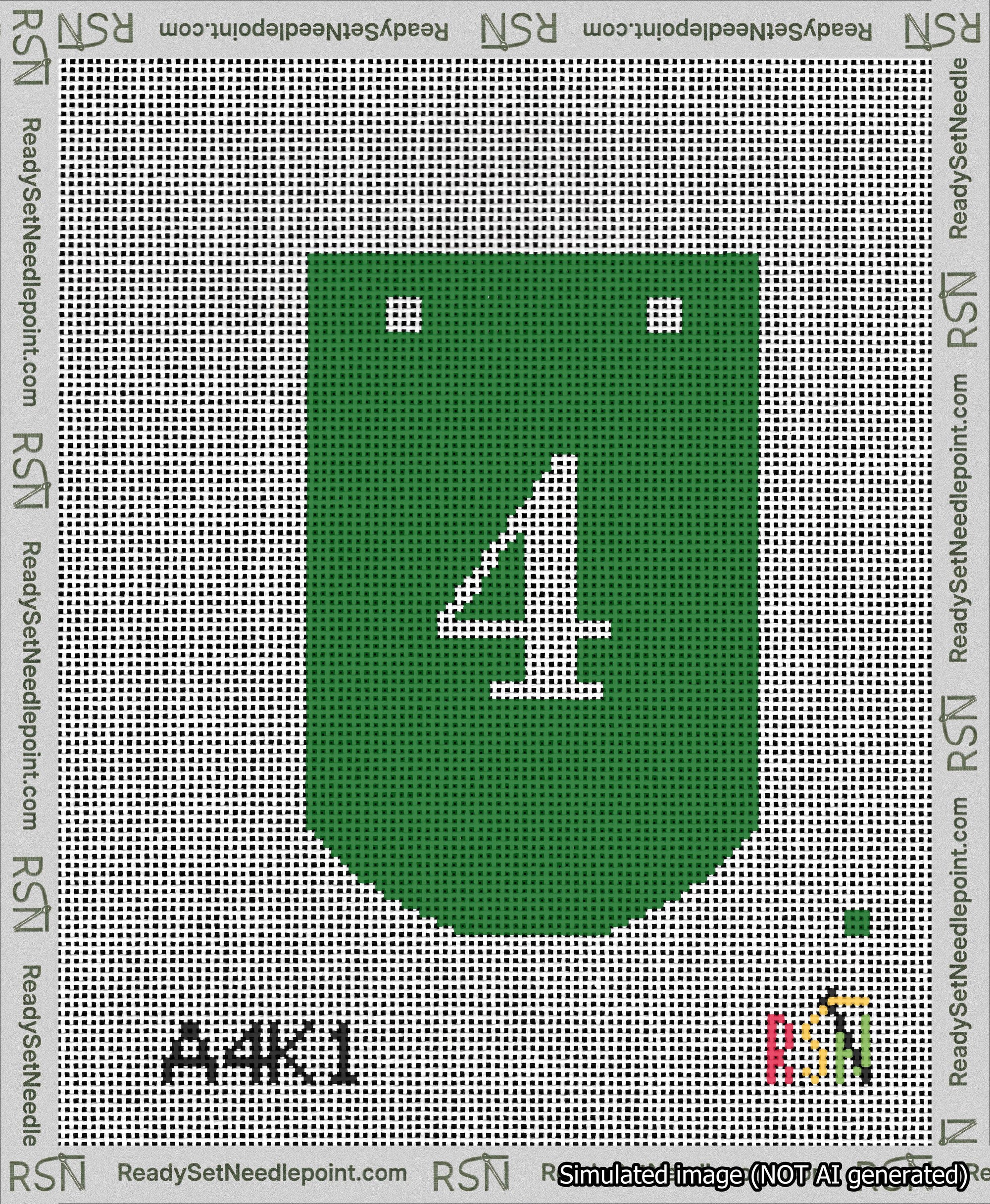 A taped needlepoint canvas with the design: Banner 13 mesh count Curved 4 White on Green.