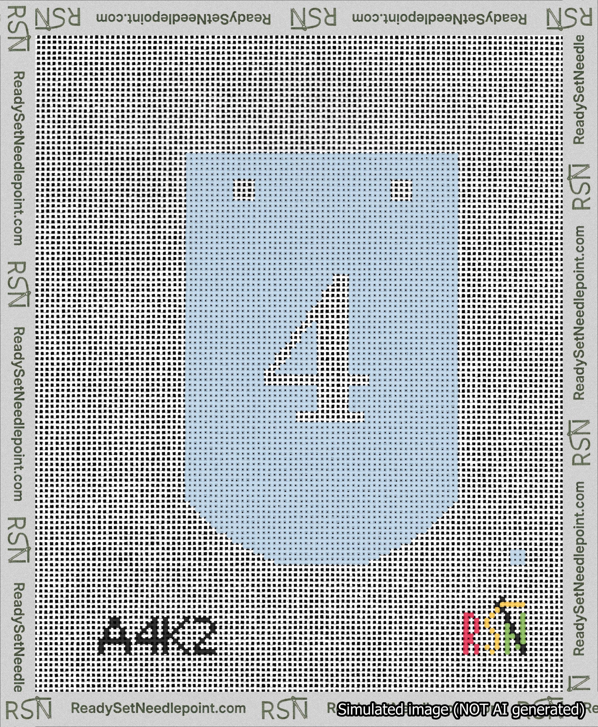 A taped needlepoint canvas with the design: Banner 13 mesh count Curved 4 White on Light Blue.