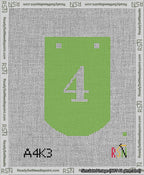 A taped needlepoint canvas with the design: Banner 13 mesh count Curved 4 White on Light Green.