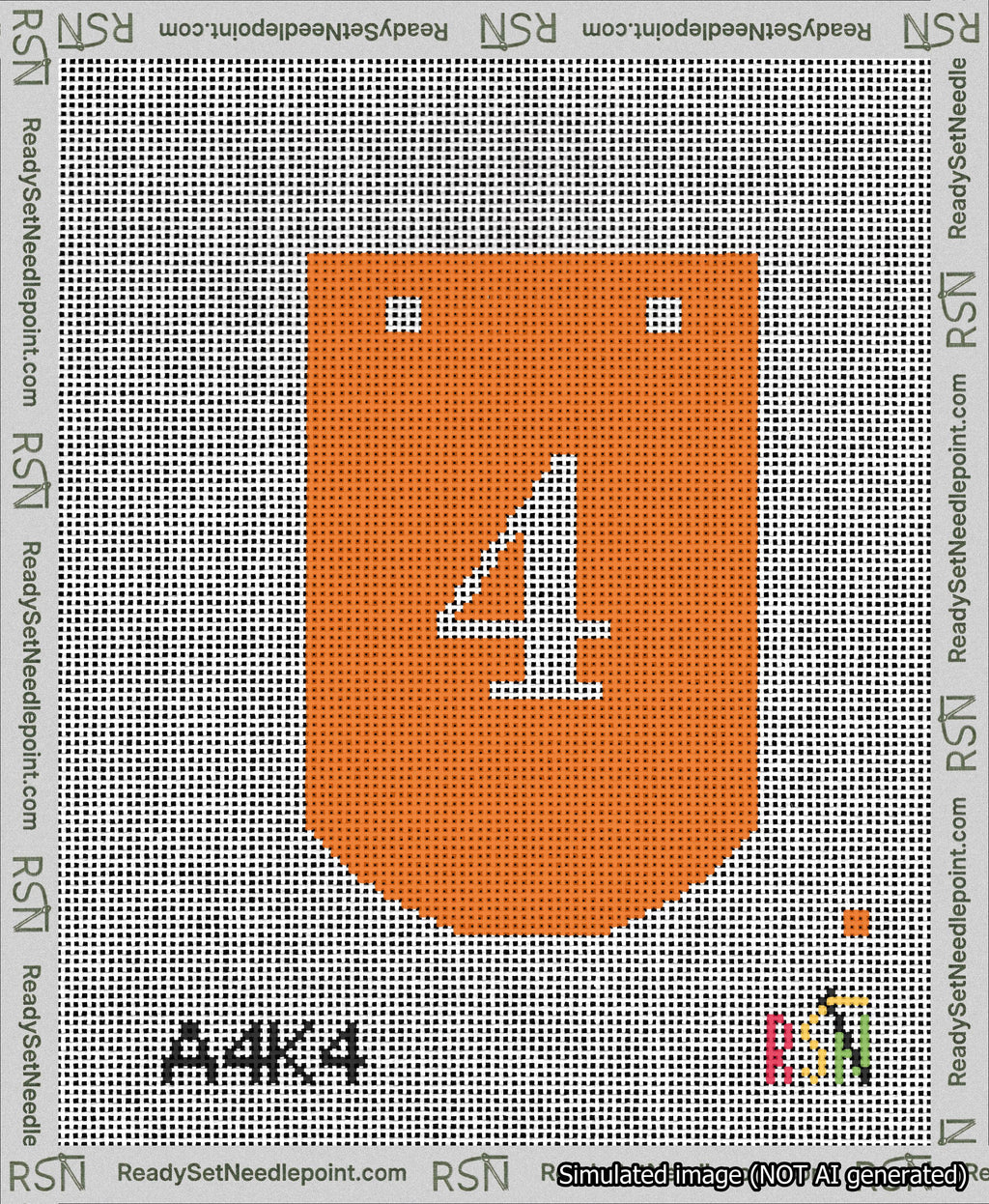 A taped needlepoint canvas with the design: Banner 13 mesh count Curved 4 White on Orange.