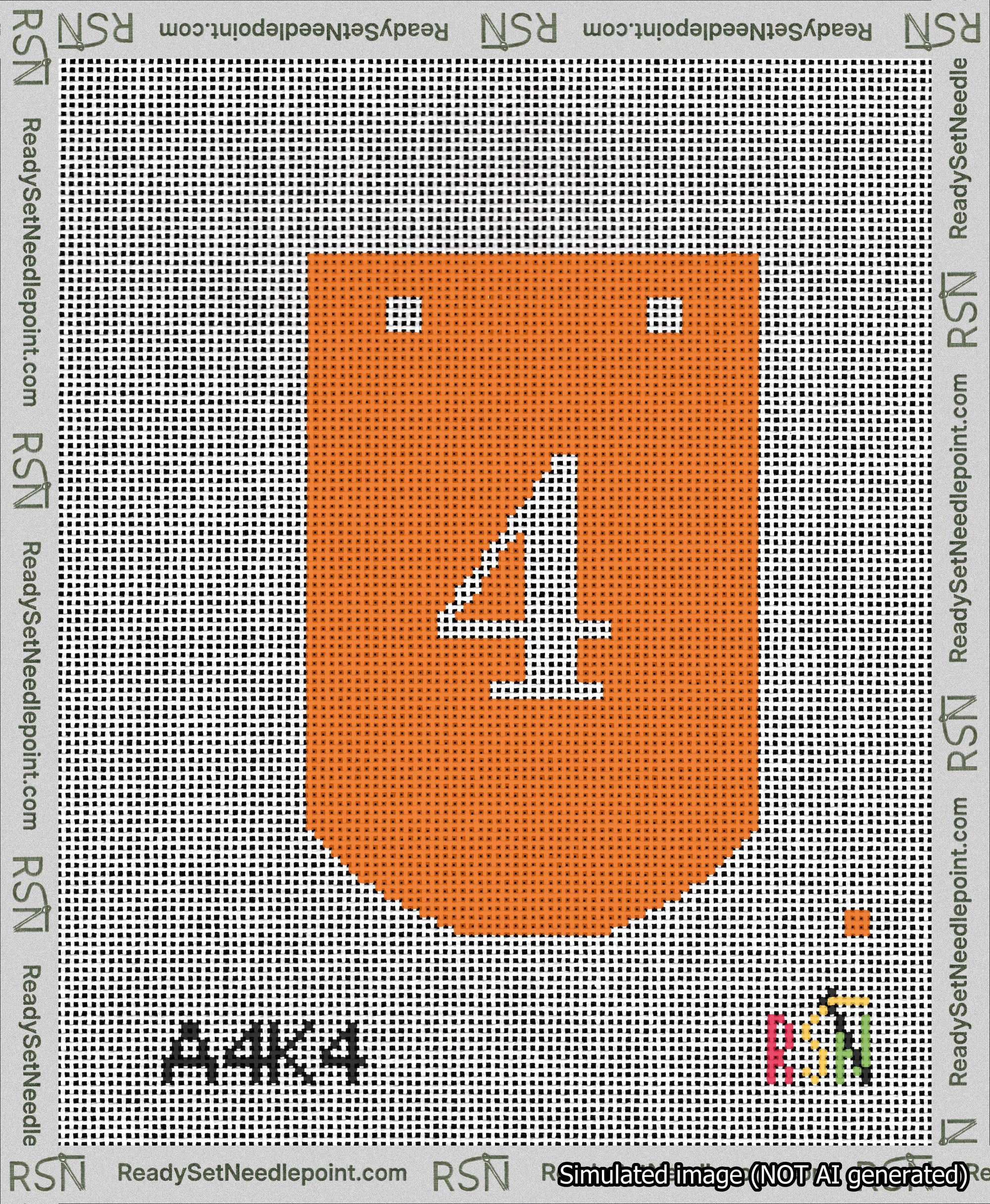 A taped needlepoint canvas with the design: Banner 13 mesh count Curved 4 White on Orange.