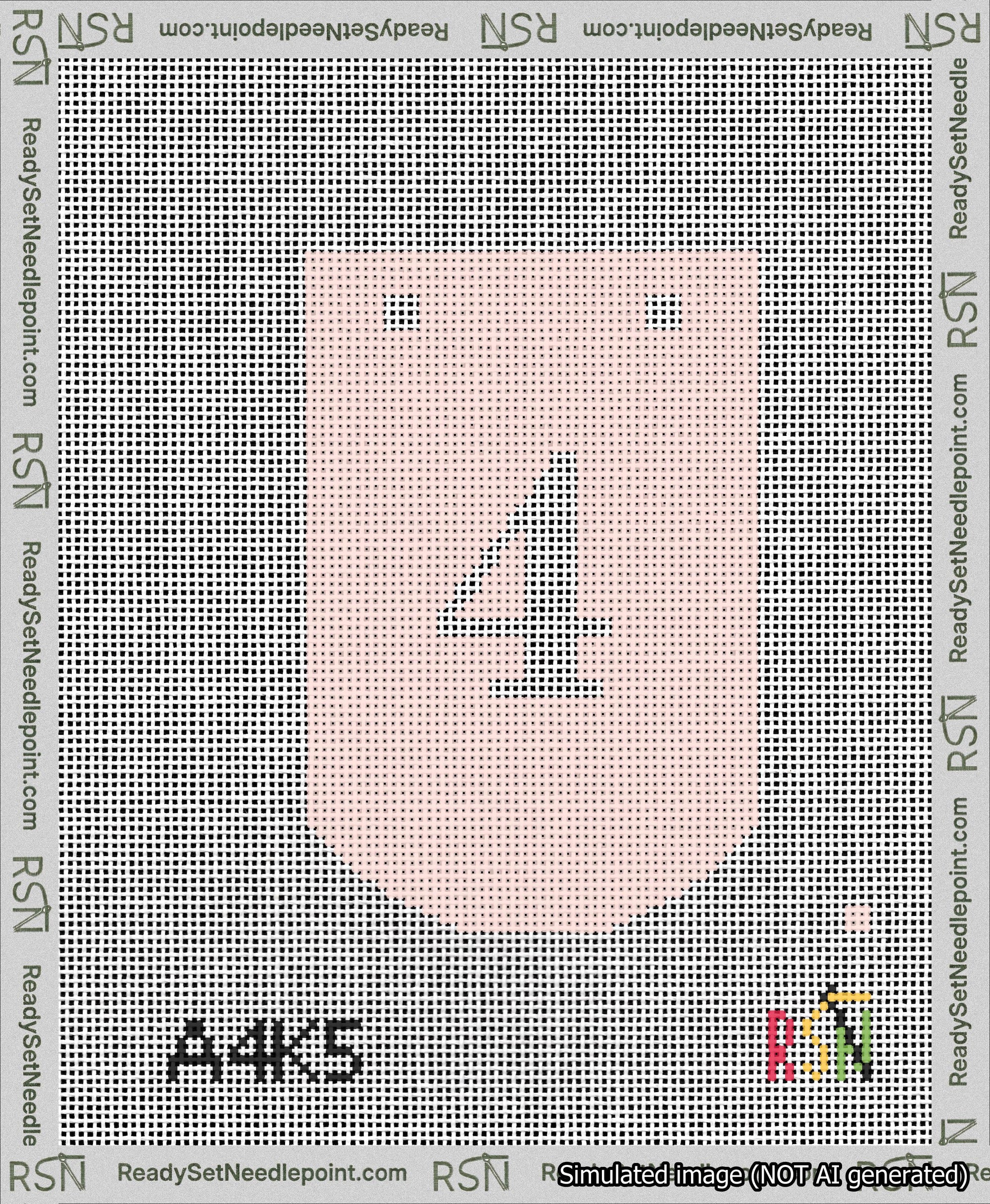 A taped needlepoint canvas with the design: Banner 13 mesh count Curved 4 White on Pink.