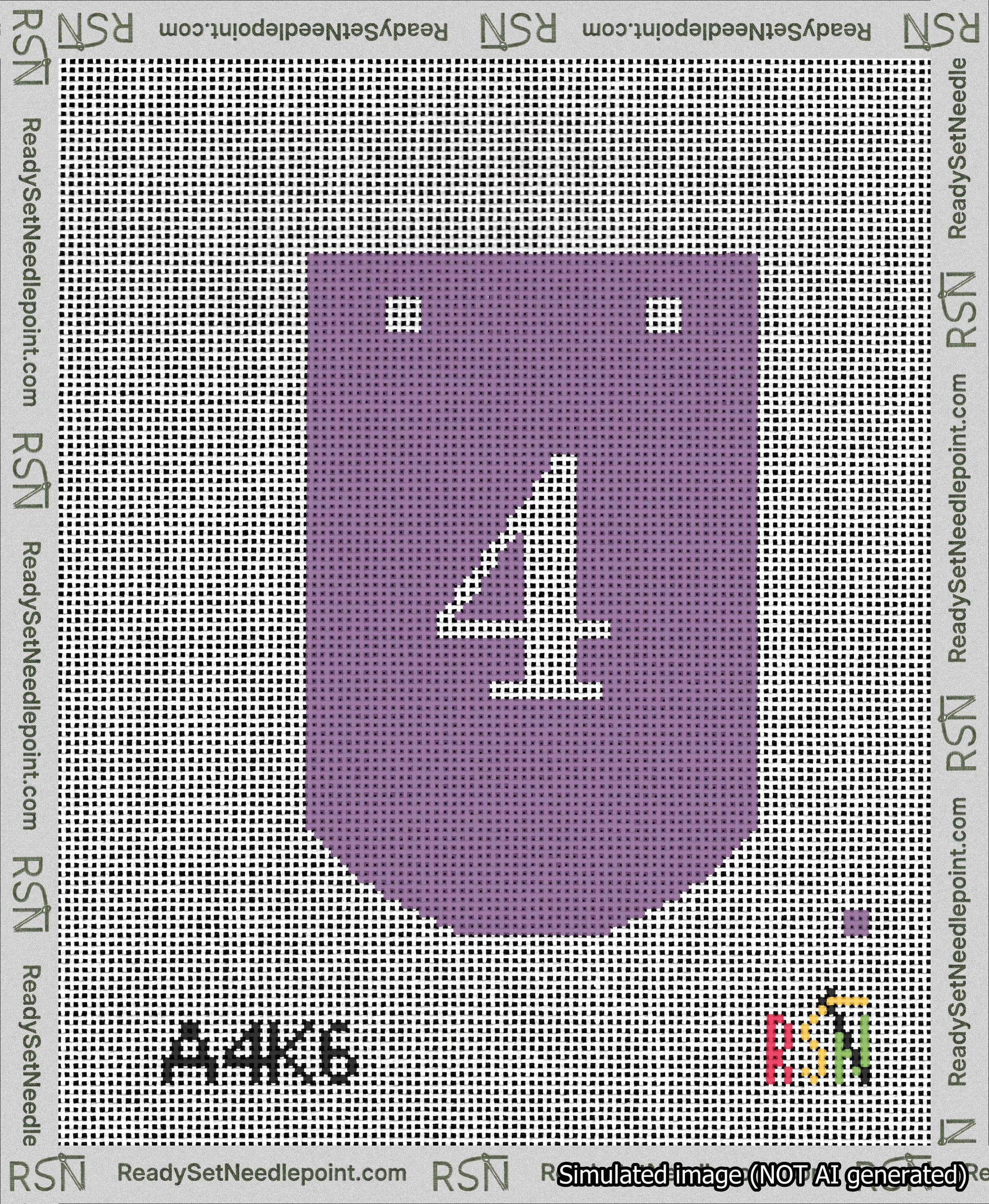 A taped needlepoint canvas with the design: Banner 13 mesh count Curved 4 White on Purple.