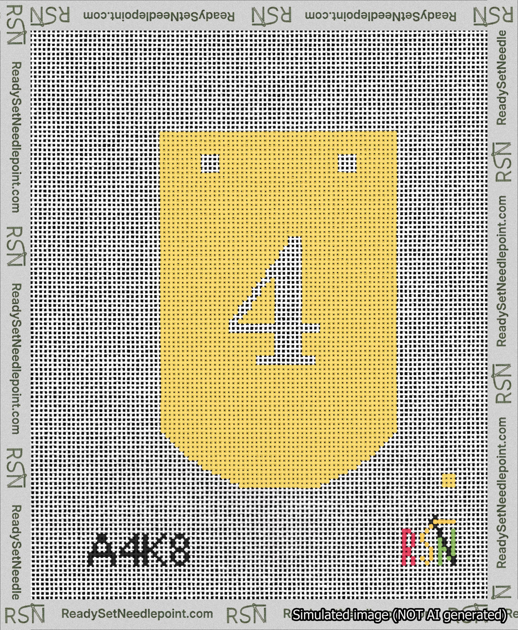 A taped needlepoint canvas with the design: Banner 13 mesh count Curved 4 White on Yellow.