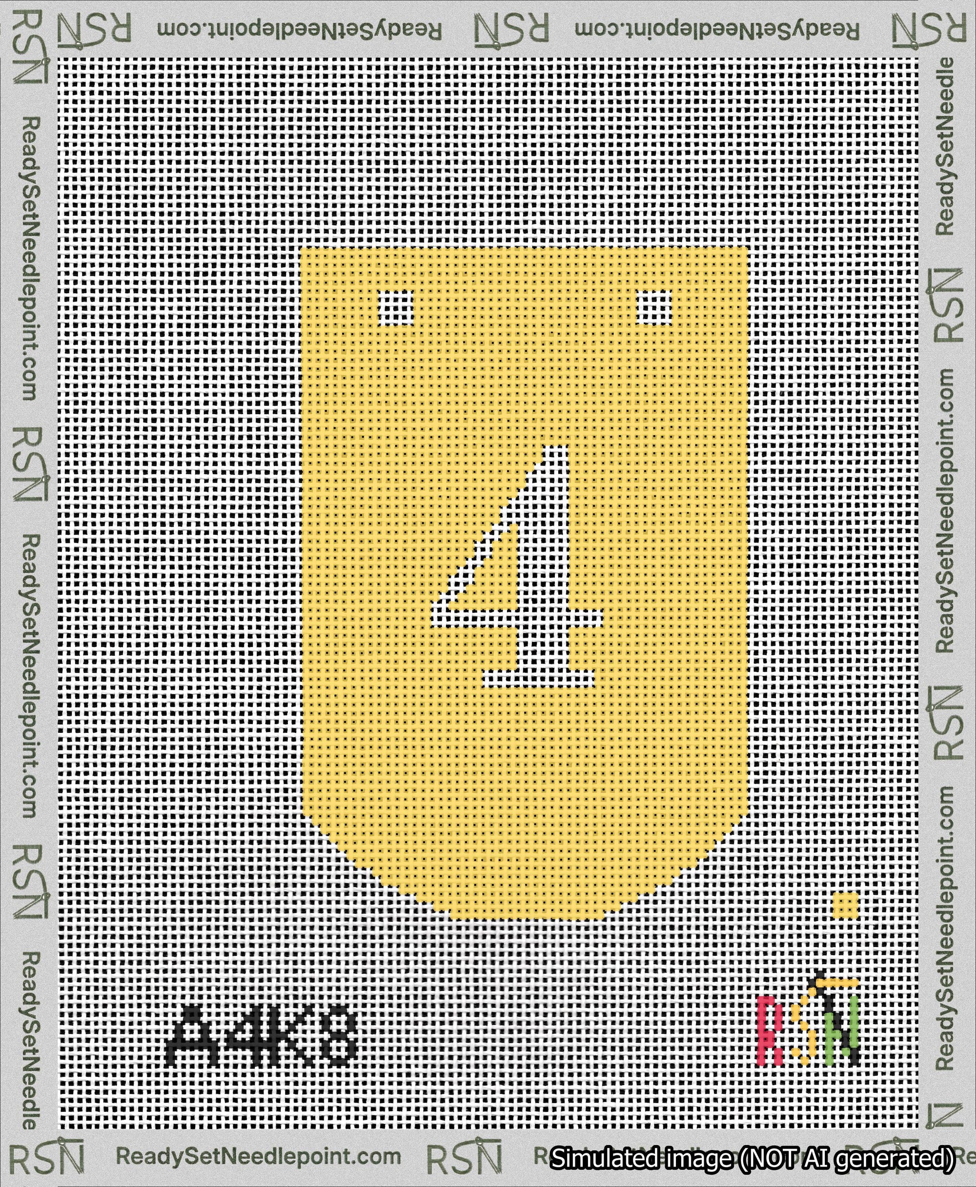 A taped needlepoint canvas with the design: Banner 13 mesh count Curved 4 White on Yellow.