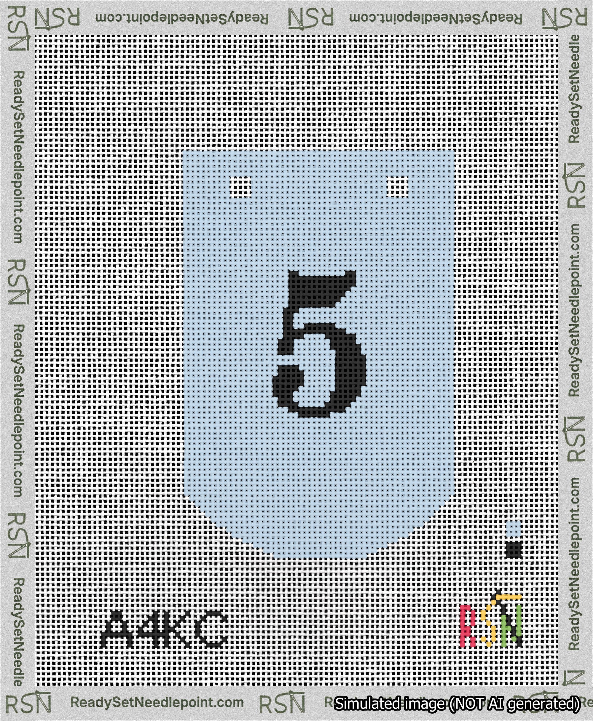 A taped needlepoint canvas with the design: Banner 13 mesh count Curved 5 Black on Light Blue.
