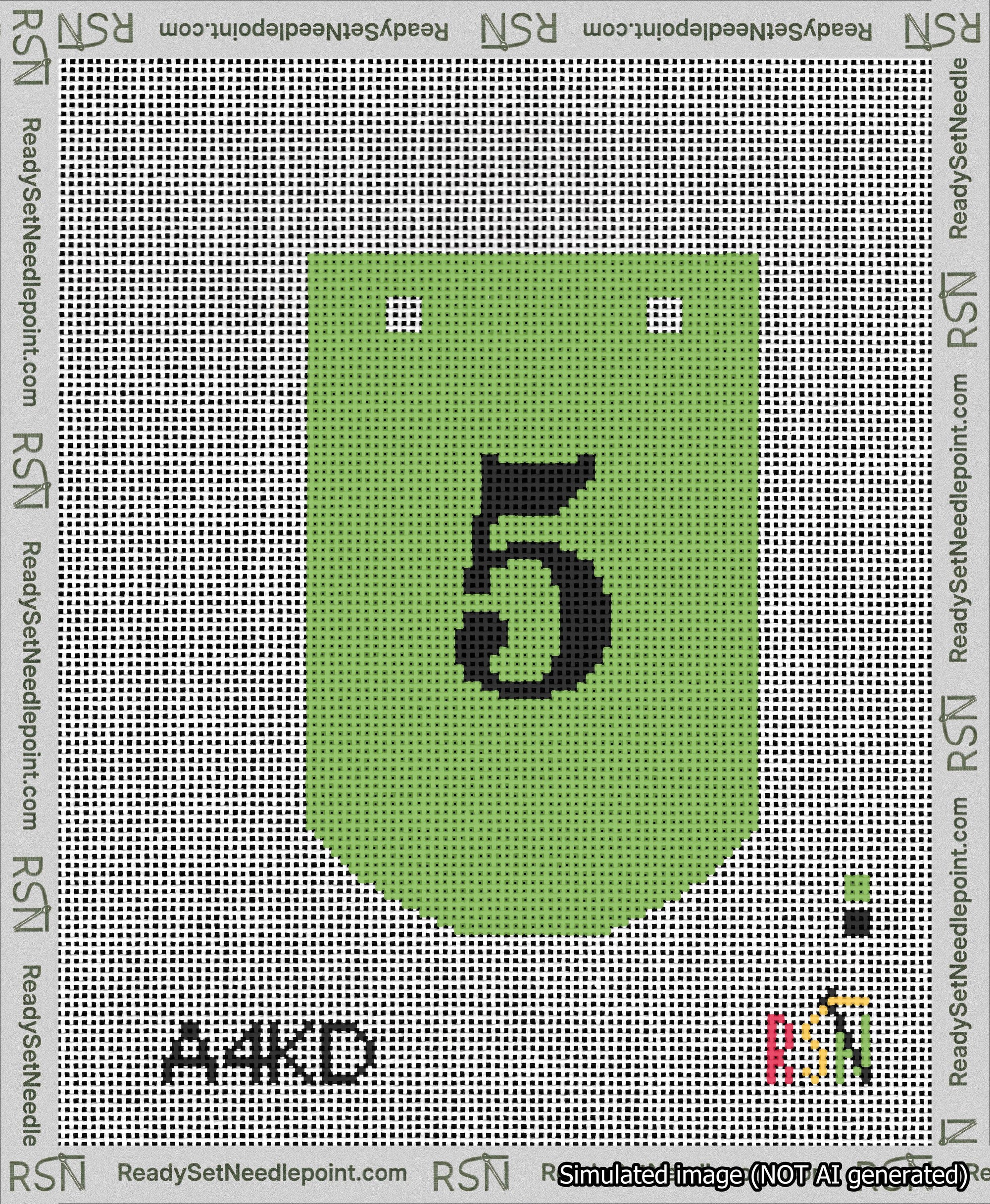 A taped needlepoint canvas with the design: Banner 13 mesh count Curved 5 Black on Light Green.