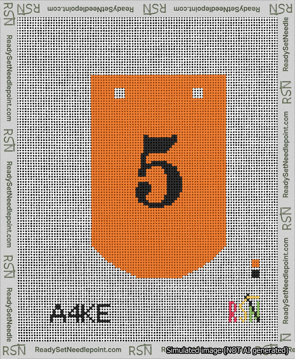 A taped needlepoint canvas with the design: Banner 13 mesh count Curved 5 Black on Orange.