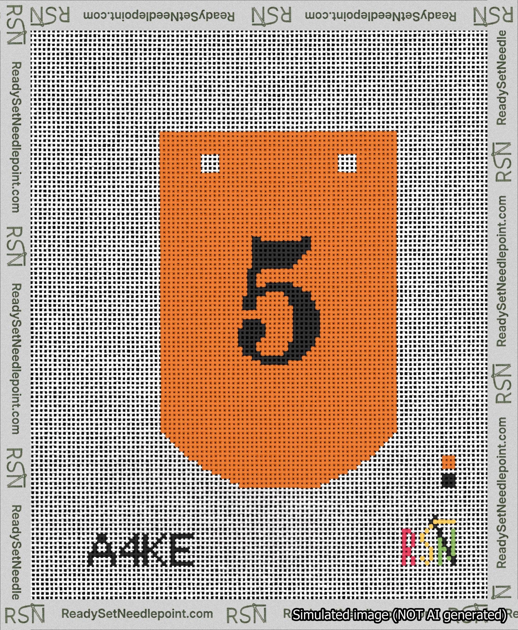 A taped needlepoint canvas with the design: Banner 13 mesh count Curved 5 Black on Orange.