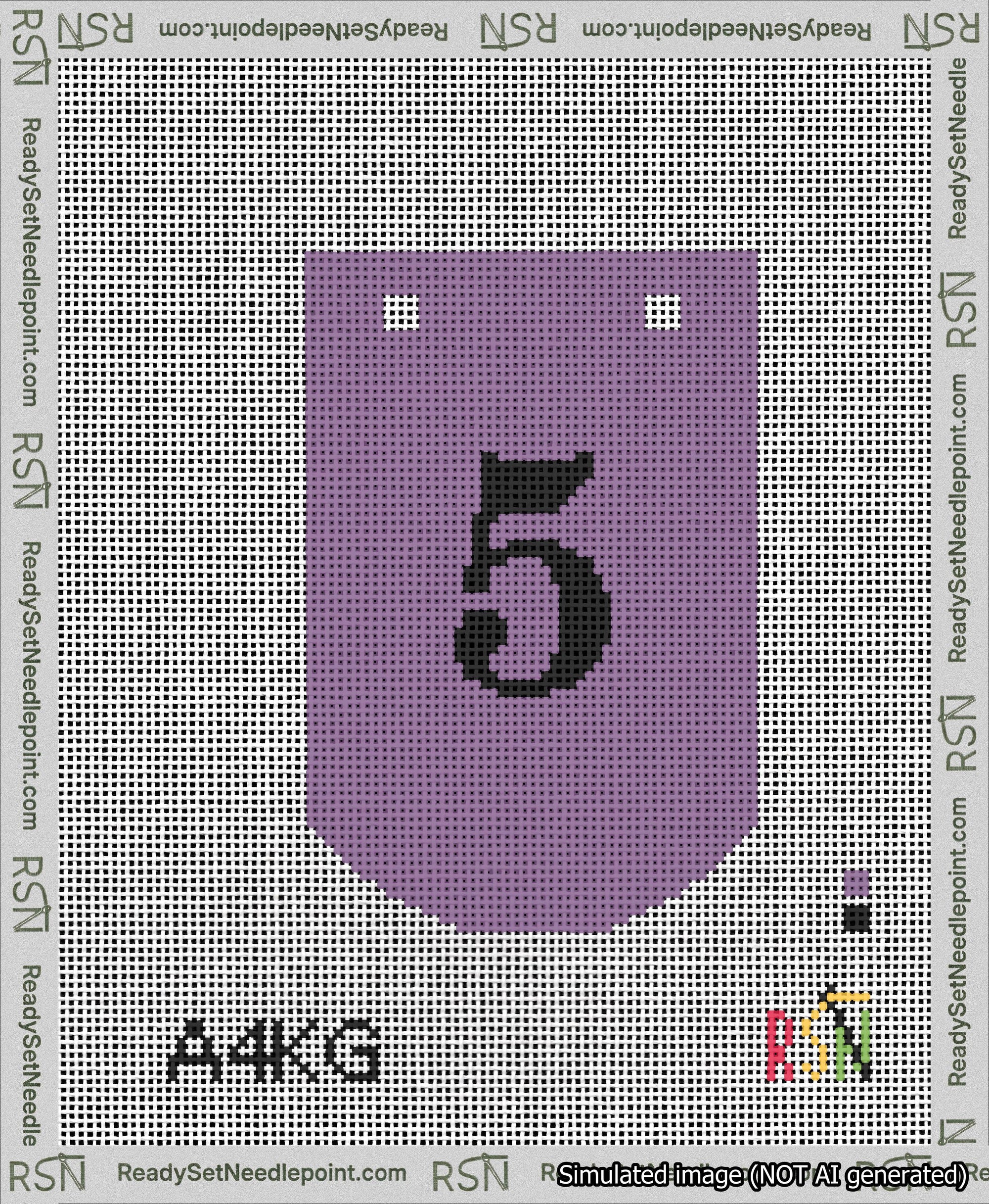 A taped needlepoint canvas with the design: Banner 13 mesh count Curved 5 Black on Purple.