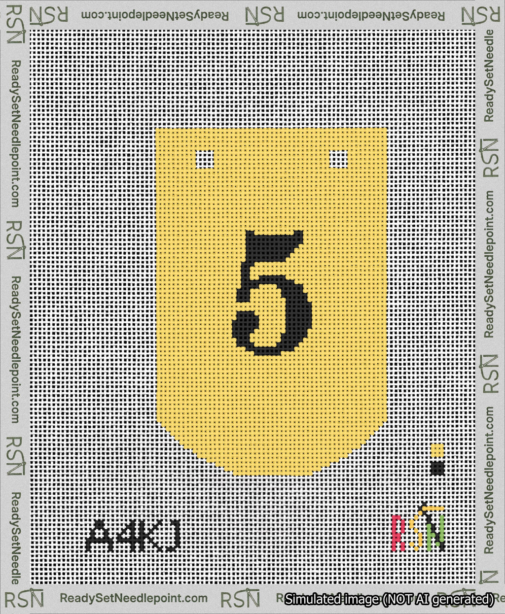 A taped needlepoint canvas with the design: Banner 13 mesh count Curved 5 Black on Yellow.