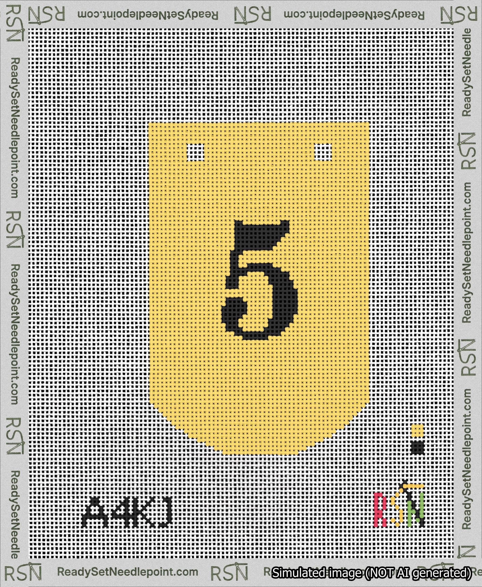 A taped needlepoint canvas with the design: Banner 13 mesh count Curved 5 Black on Yellow.