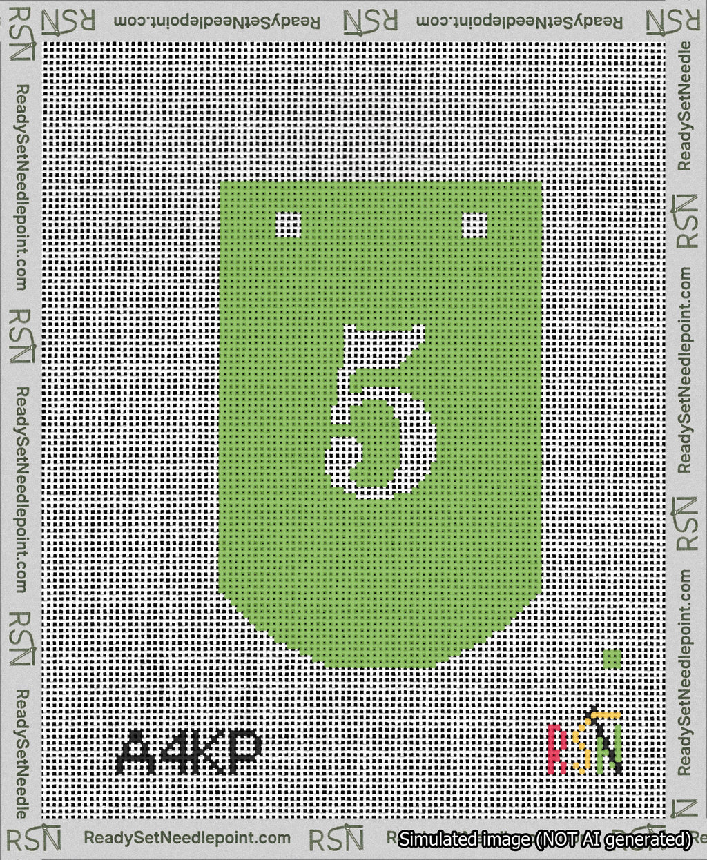 A taped needlepoint canvas with the design: Banner 13 mesh count Curved 5 White on Light Green.