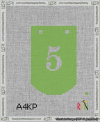 A taped needlepoint canvas with the design: Banner 13 mesh count Curved 5 White on Light Green.