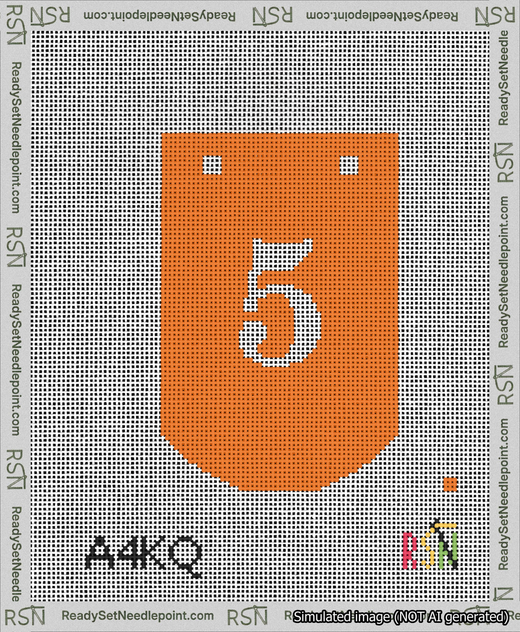 A taped needlepoint canvas with the design: Banner 13 mesh count Curved 5 White on Orange.