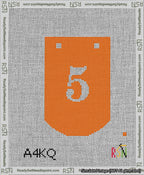 A taped needlepoint canvas with the design: Banner 13 mesh count Curved 5 White on Orange.