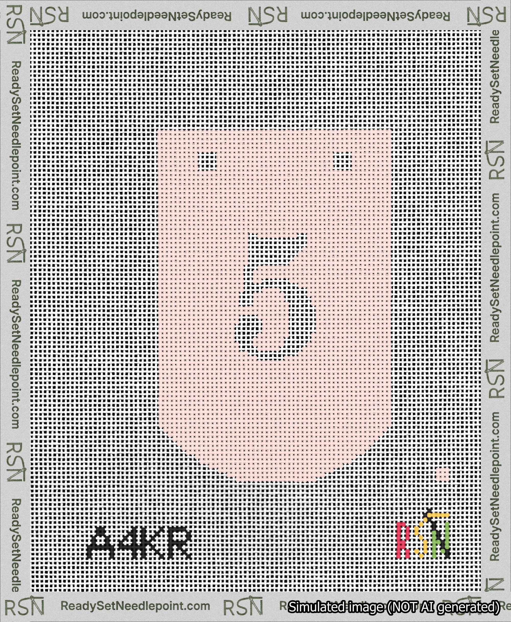 A taped needlepoint canvas with the design: Banner 13 mesh count Curved 5 White on Pink.