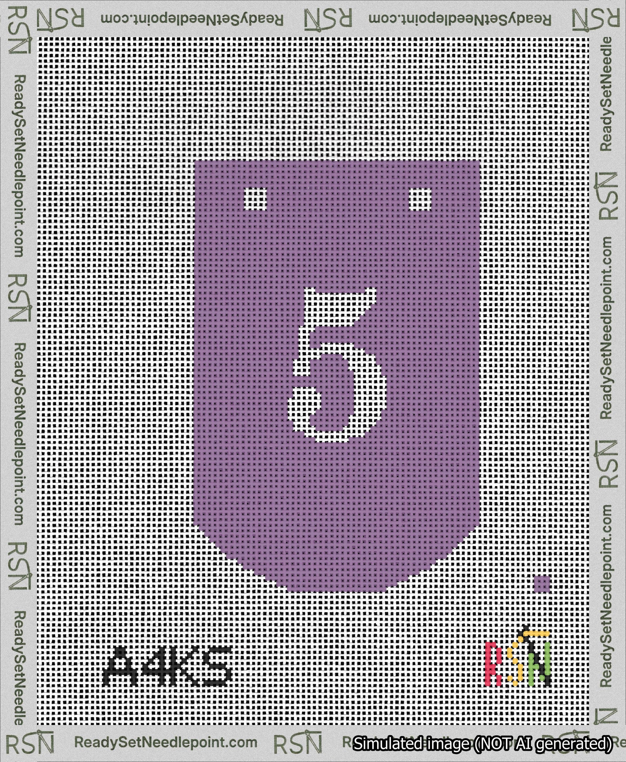A taped needlepoint canvas with the design: Banner 13 mesh count Curved 5 White on Purple.