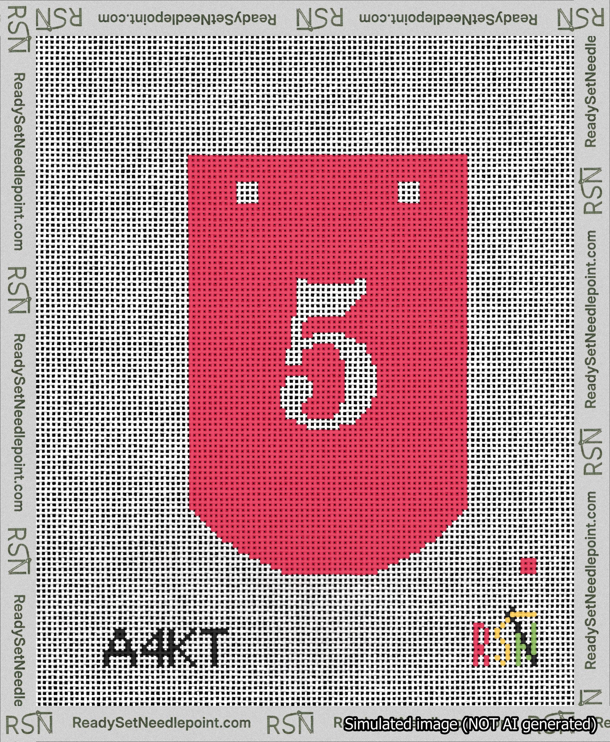 A taped needlepoint canvas with the design: Banner 13 mesh count Curved 5 White on Red.