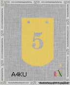 A taped needlepoint canvas with the design: Banner 13 mesh count Curved 5 White on Yellow.