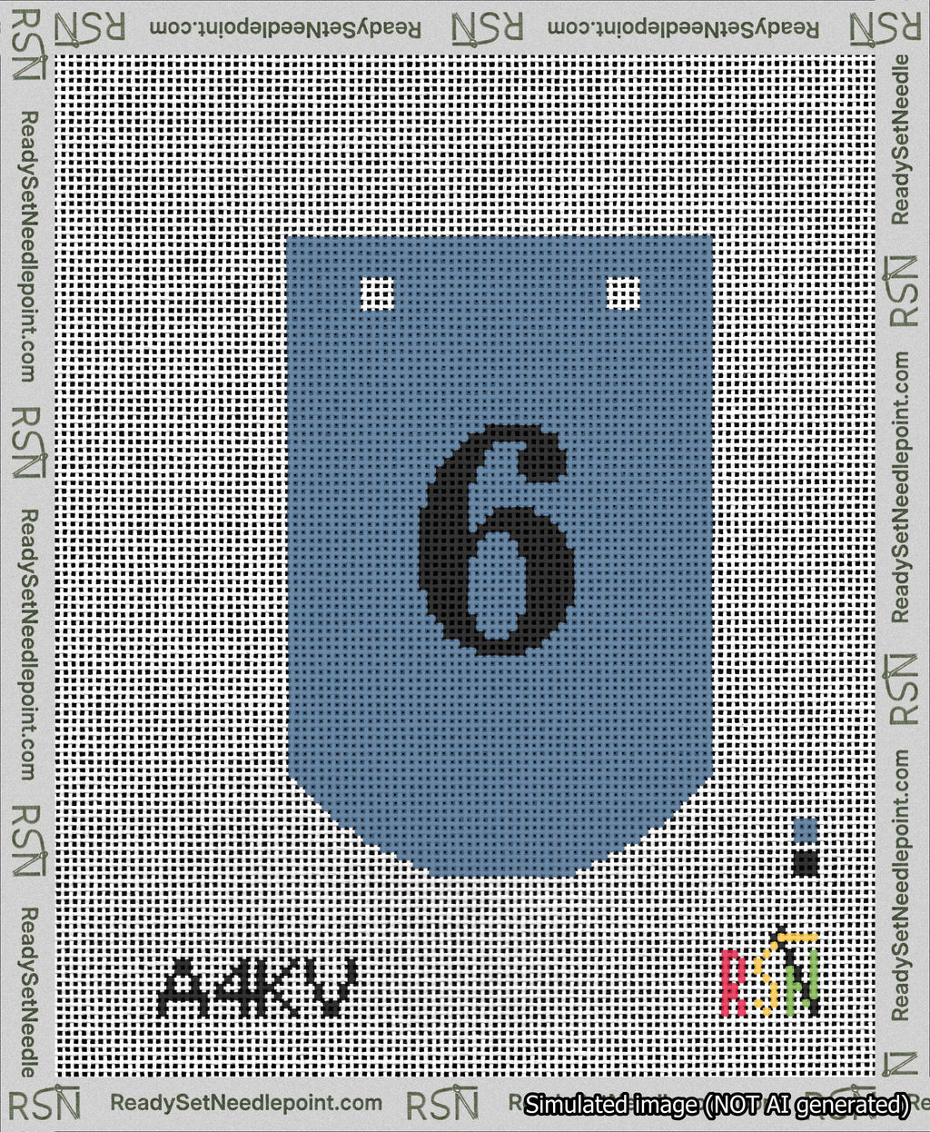A taped needlepoint canvas with the design: Banner 13 mesh count Curved 6 Black on Blue.