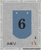 A taped needlepoint canvas with the design: Banner 13 mesh count Curved 6 Black on Blue.