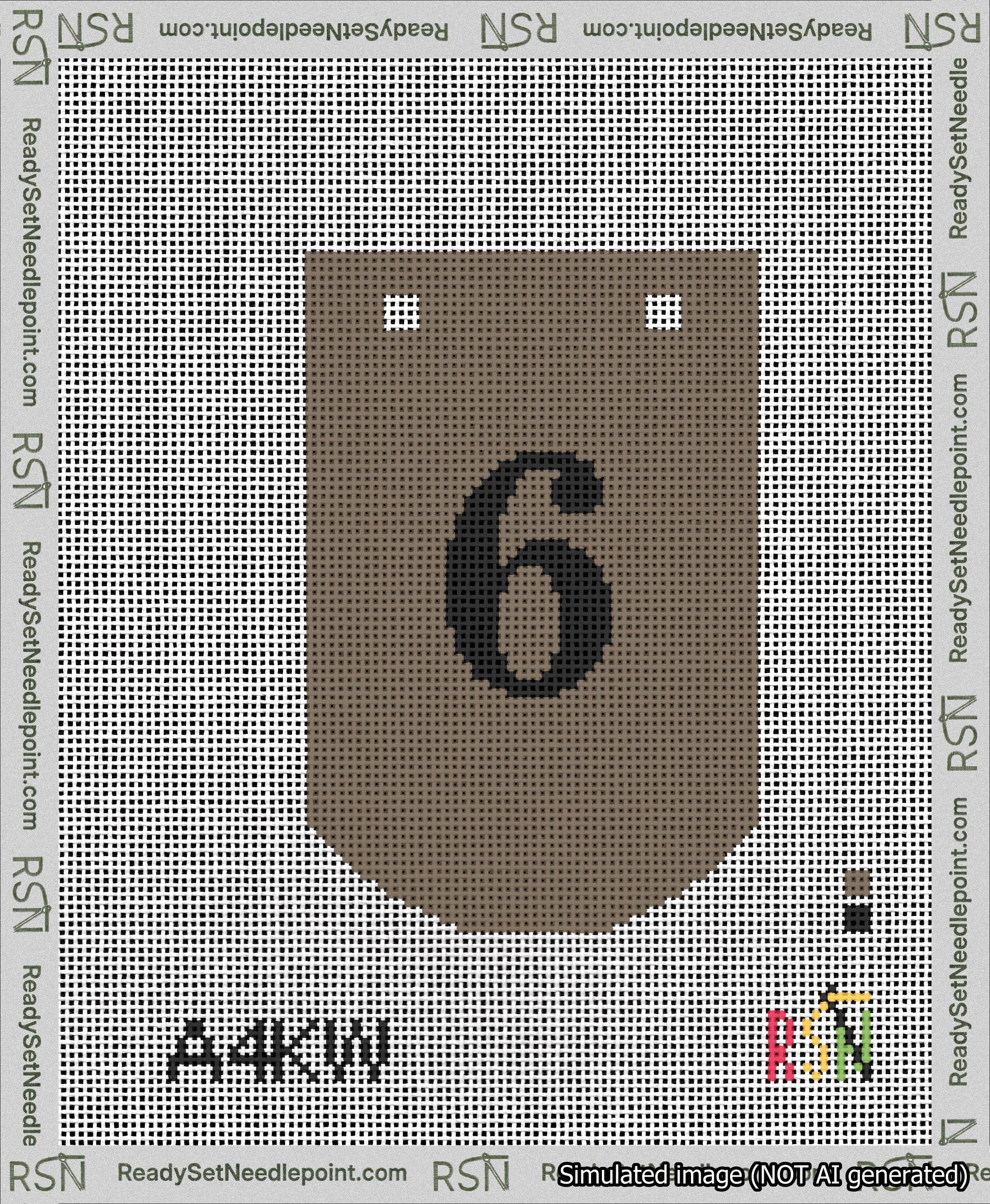 A taped needlepoint canvas with the design: Banner 13 mesh count Curved 6 Black on Brown.