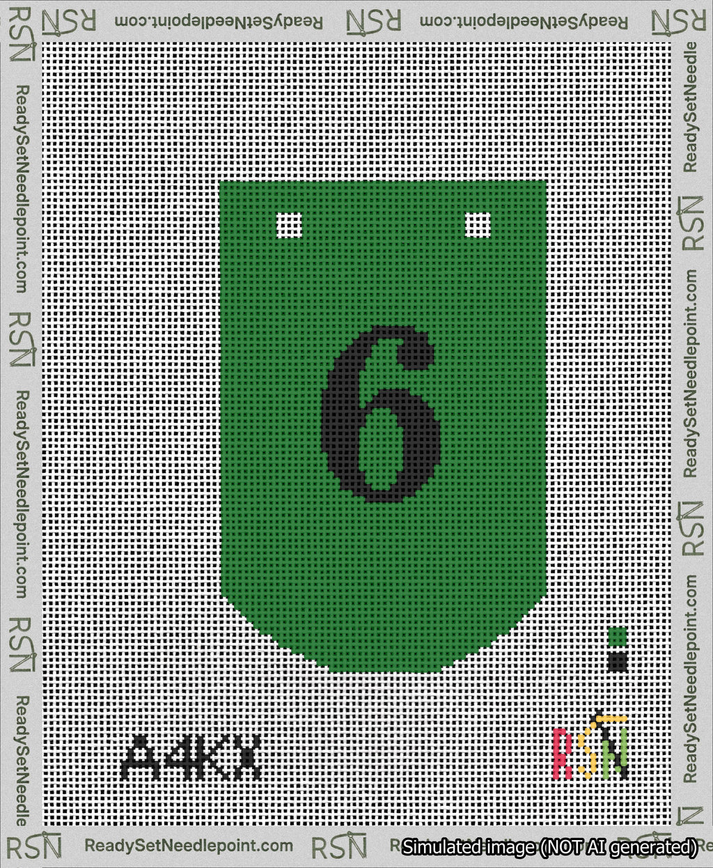 A taped needlepoint canvas with the design: Banner 13 mesh count Curved 6 Black on Green.