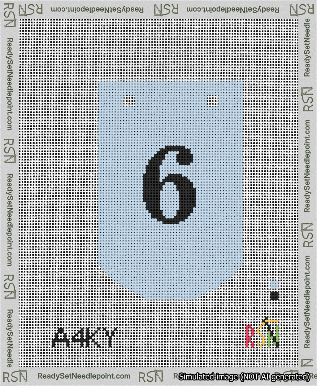 A taped needlepoint canvas with the design: Banner 13 mesh count Curved 6 Black on Light Blue.