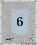 A taped needlepoint canvas with the design: Banner 13 mesh count Curved 6 Black on Light Blue.
