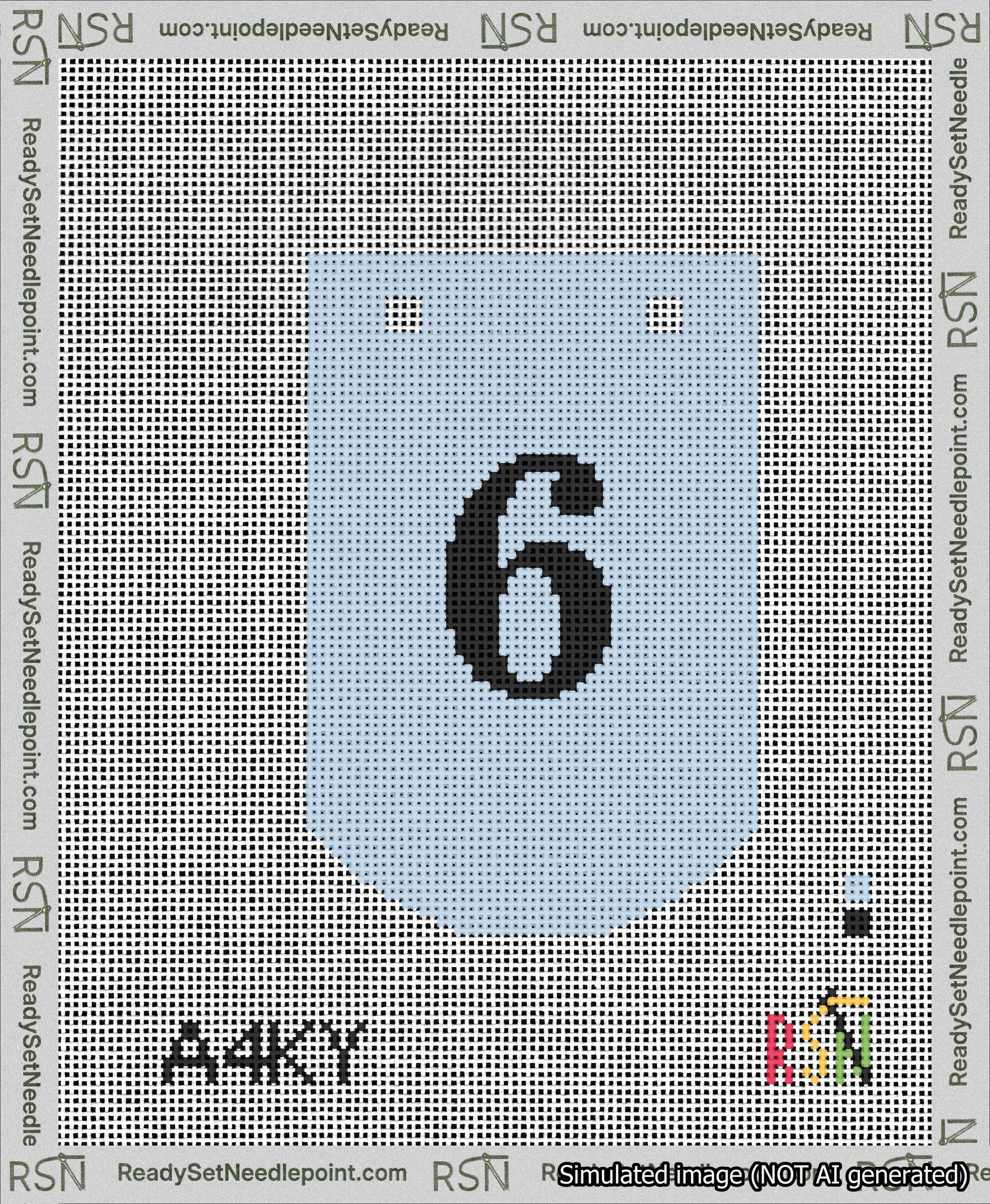 A taped needlepoint canvas with the design: Banner 13 mesh count Curved 6 Black on Light Blue.