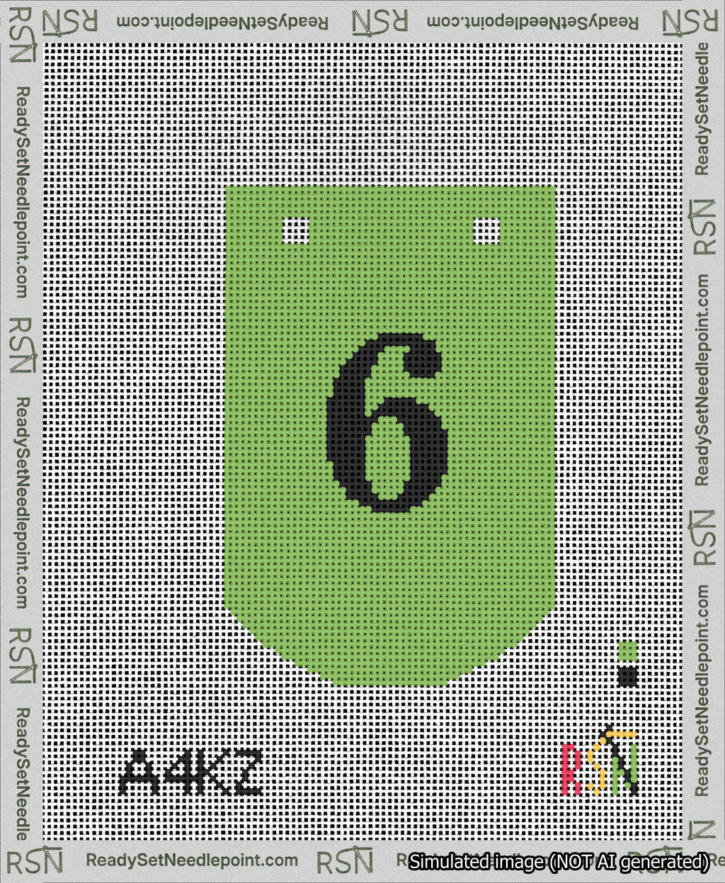 A taped needlepoint canvas with the design: Banner 13 mesh count Curved 6 Black on Light Green.