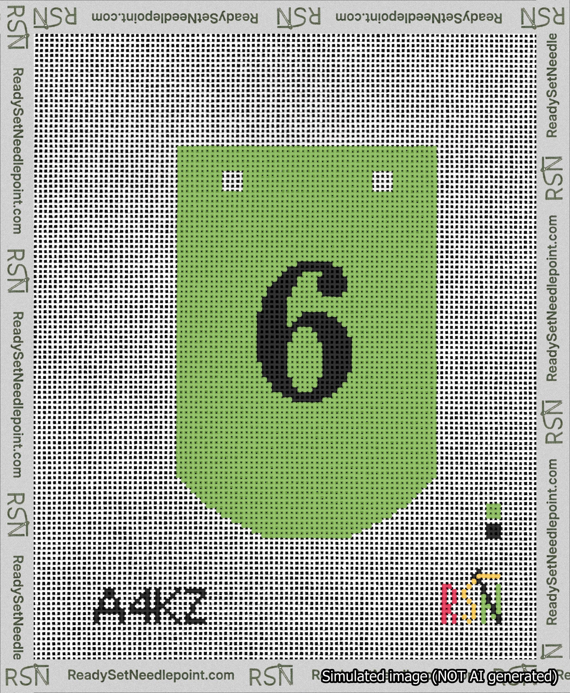 A taped needlepoint canvas with the design: Banner 13 mesh count Curved 6 Black on Light Green.