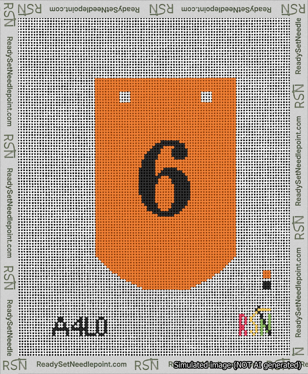 A taped needlepoint canvas with the design: Banner 13 mesh count Curved 6 Black on Orange.