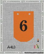 A taped needlepoint canvas with the design: Banner 13 mesh count Curved 6 Black on Orange.