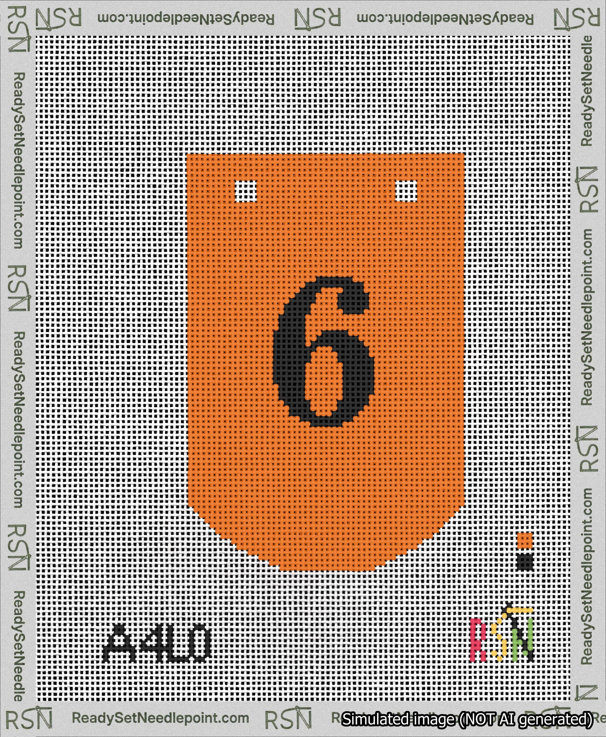 A taped needlepoint canvas with the design: Banner 13 mesh count Curved 6 Black on Orange.