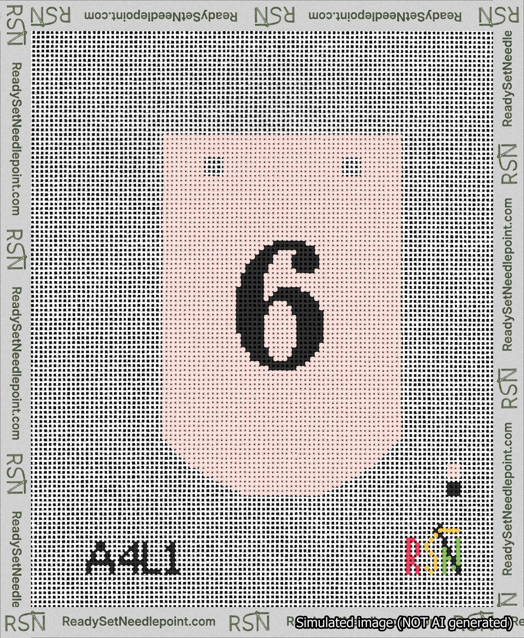 A taped needlepoint canvas with the design: Banner 13 mesh count Curved 6 Black on Pink.