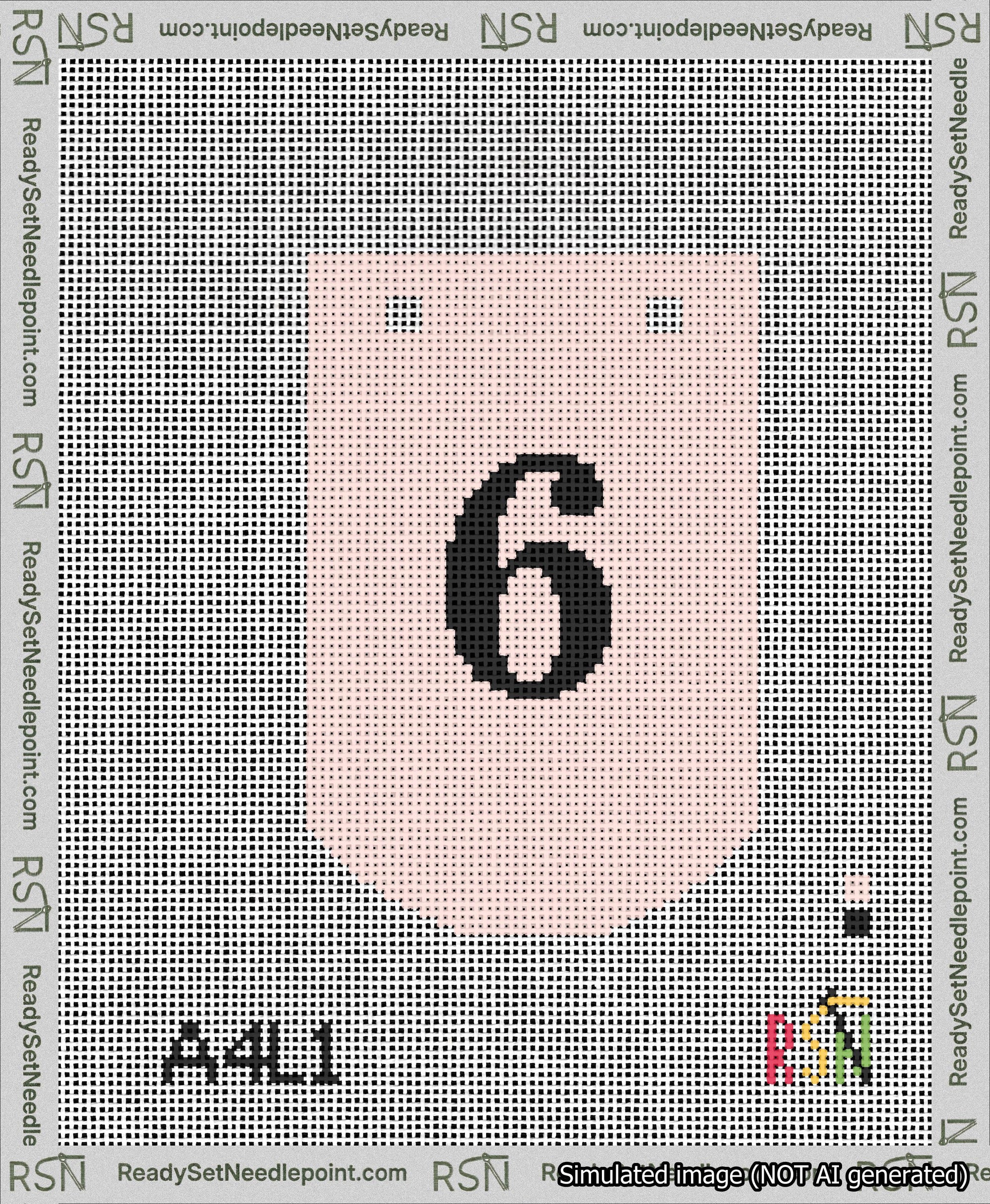 A taped needlepoint canvas with the design: Banner 13 mesh count Curved 6 Black on Pink.