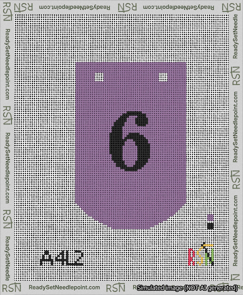A taped needlepoint canvas with the design: Banner 13 mesh count Curved 6 Black on Purple.