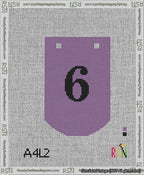 A taped needlepoint canvas with the design: Banner 13 mesh count Curved 6 Black on Purple.