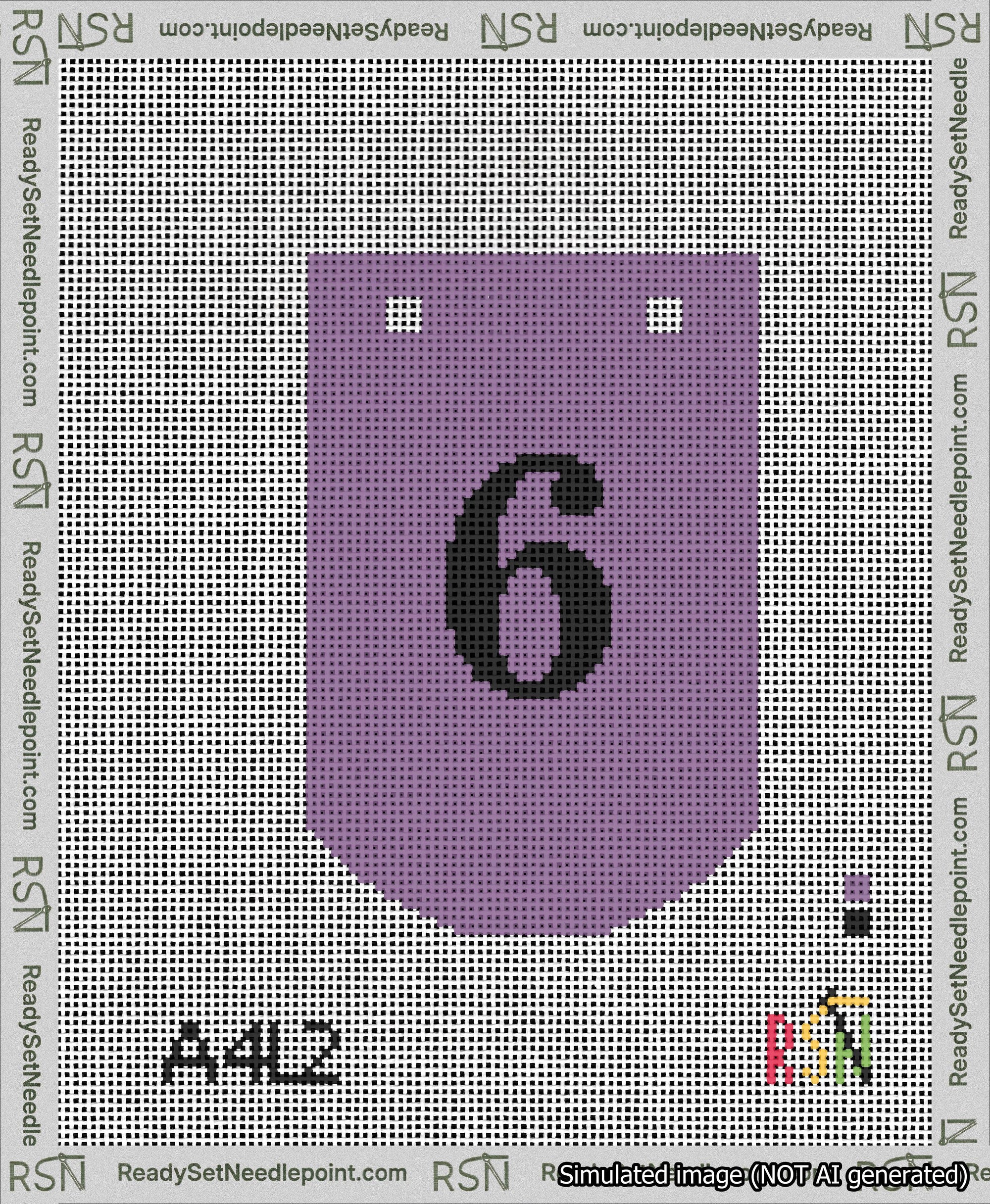A taped needlepoint canvas with the design: Banner 13 mesh count Curved 6 Black on Purple.