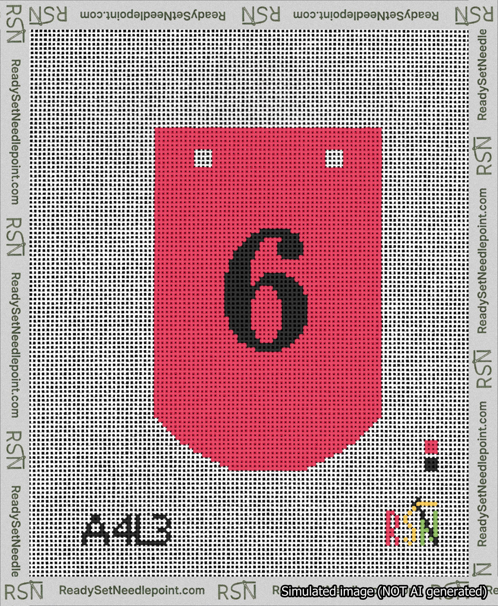 A taped needlepoint canvas with the design: Banner 13 mesh count Curved 6 Black on Red.