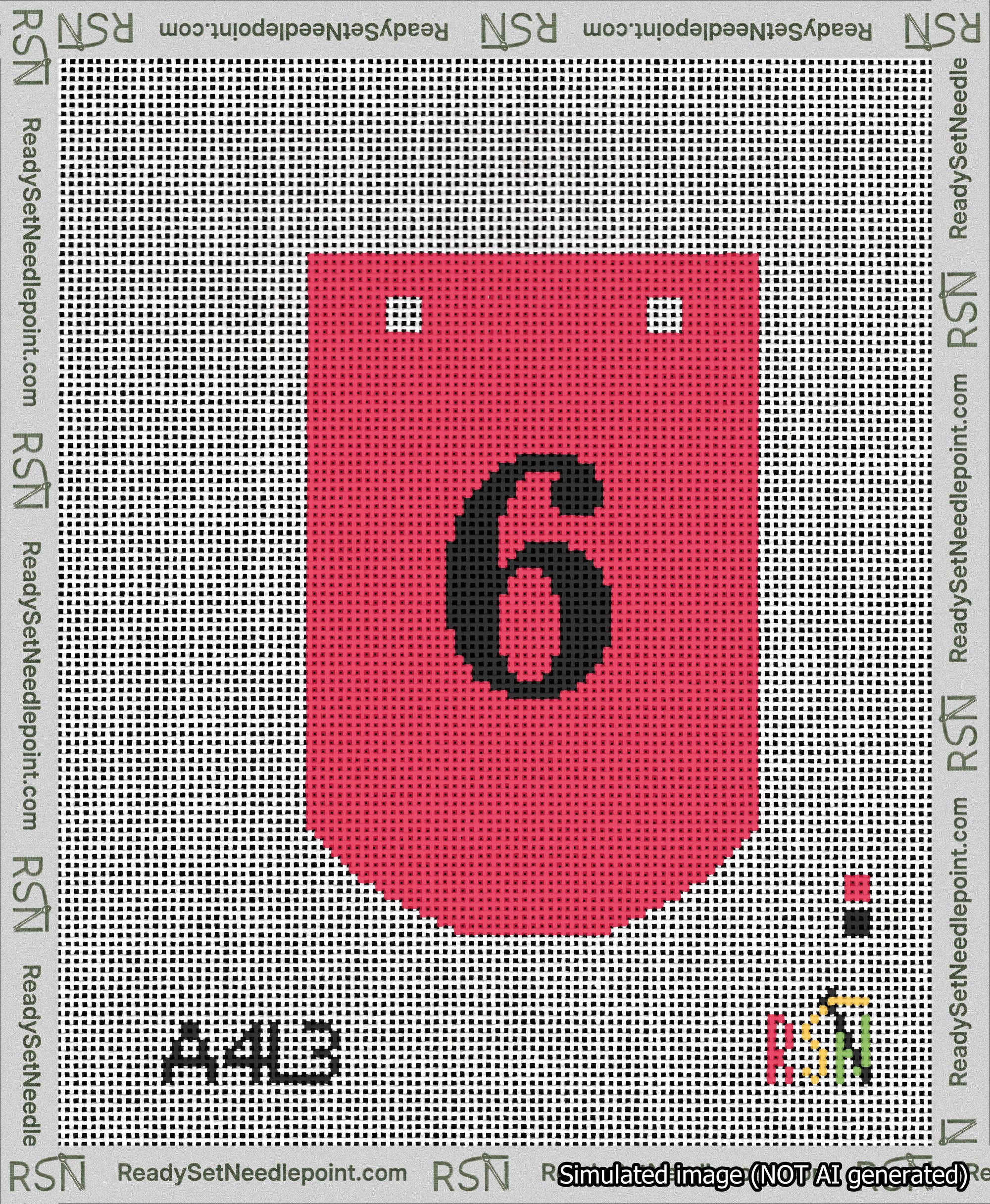 A taped needlepoint canvas with the design: Banner 13 mesh count Curved 6 Black on Red.